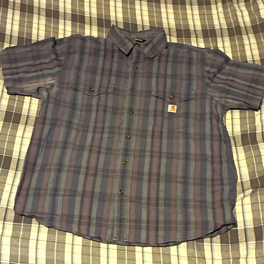 Carhartt Rugged Flex Men's XL Gray Plaid Cotton Woven Short Sleeve Shirt Logo